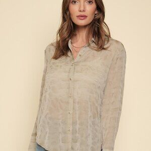 Mystree Neutral Taupe Tonal Leopard Jacquard Button Front Blouse Lightweight